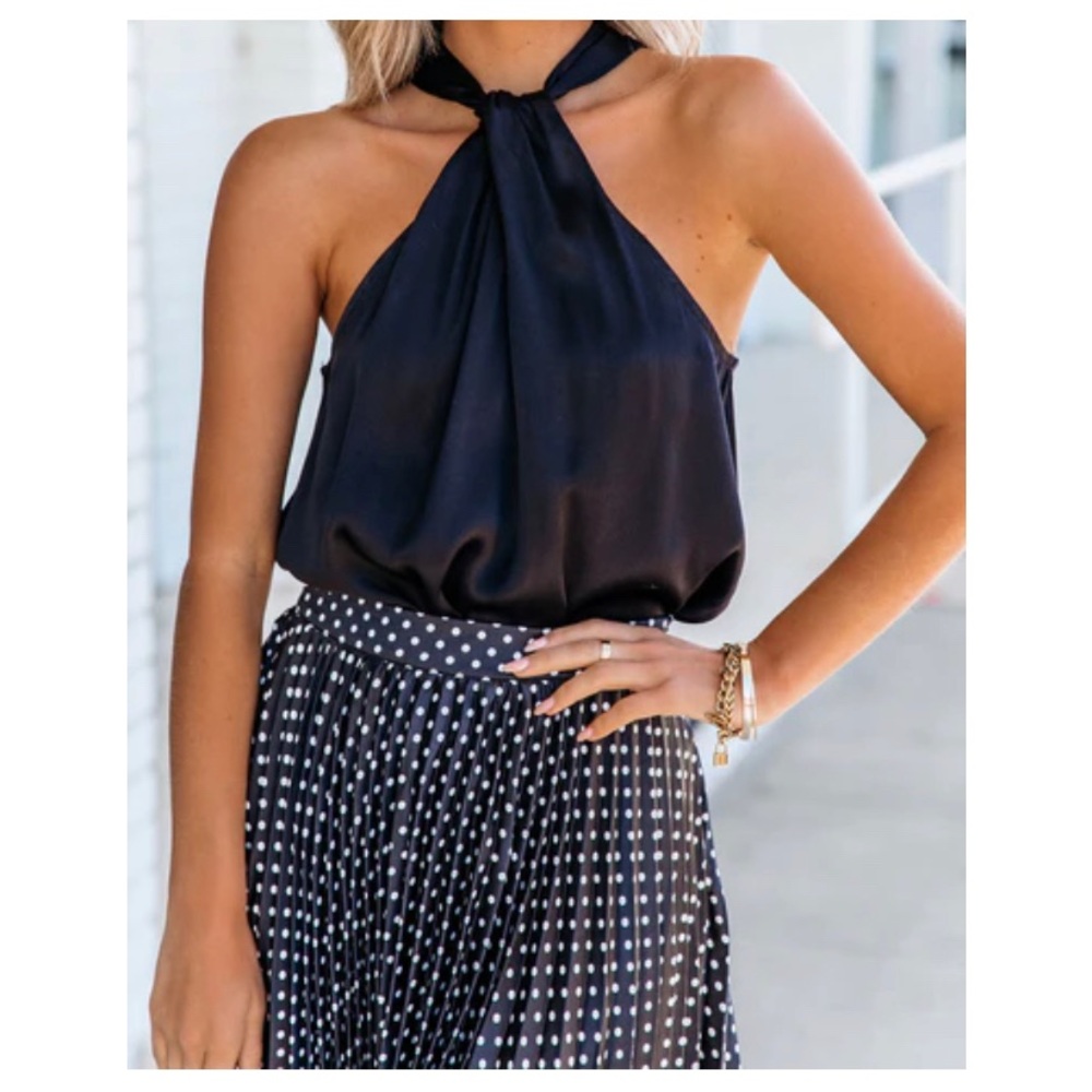 Theatre Satin Halter Tank - Black - Vici polyester high neck tank top